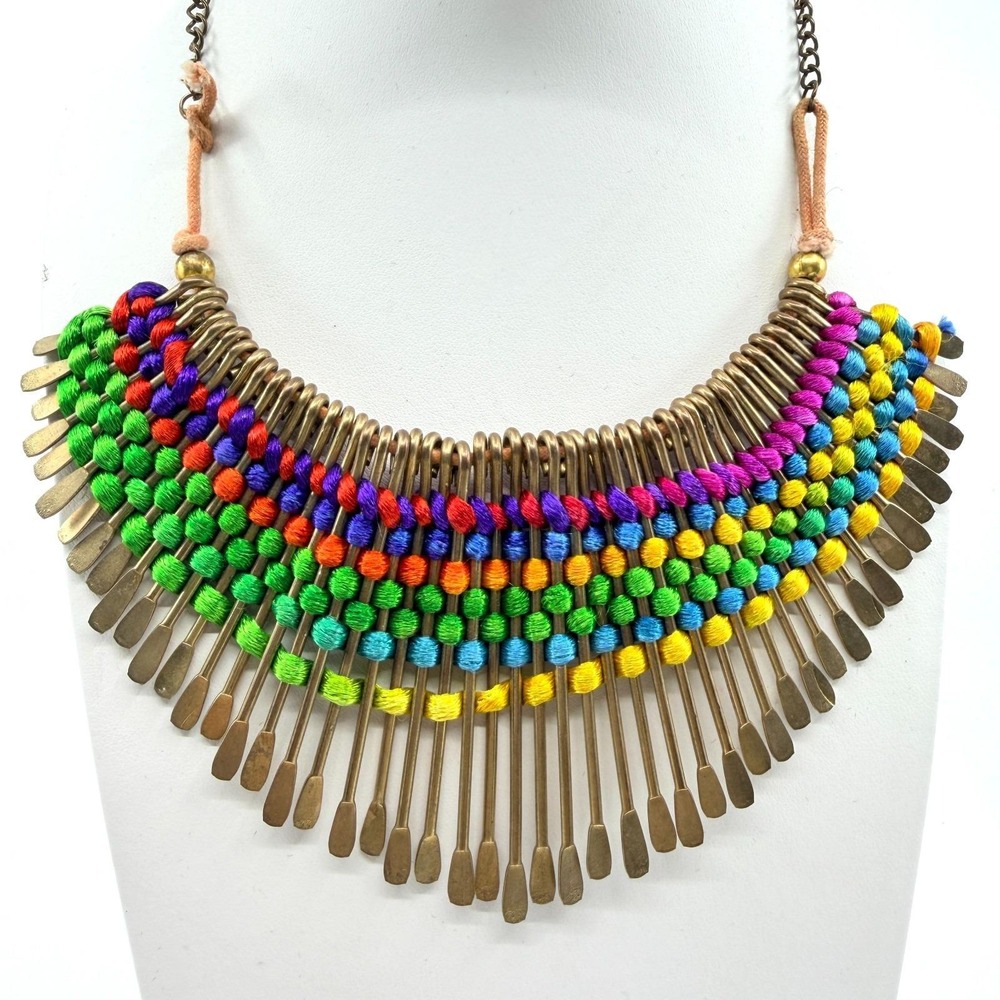 Vintage Boho Rainbow Woven Cord Brass Tone Paddle Fringe Statement Bib Necklace